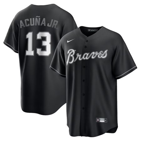 Men's Atlanta Braves #13 Ronald Acuna Jr. Nike Black Lights Out Replica Player Jersey